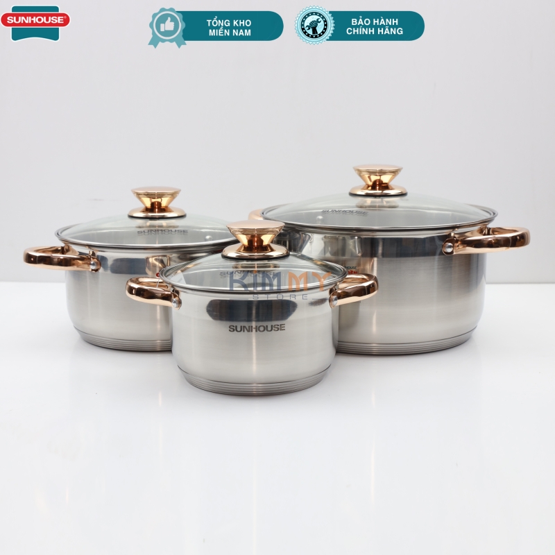 Bộ 3 nồi INOX đáy 5 lớp quai gold Sunhouse SH781